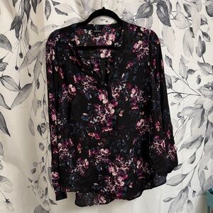 torrid Black Floral V-Neck Blouse with Pink and Blue Blossoms